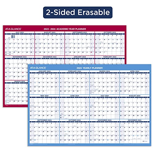AT-A-GLANCE 2023-2024 Erasable Calendar, Dry Erase Wall Planner, 36" x 24", Large, Academic & Regular Year, Double Sided, Horizontal (PM200S2824)