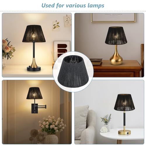 LAMSU Black Rattan Lamp Shade Small, Boho Barrel Lamp Shades for Table Lamps, Handwoven Wicker Lampshade Replacement for Floor Lamp, Wall Sconces Light Cover, Spider Fitter, 5.5x10x7