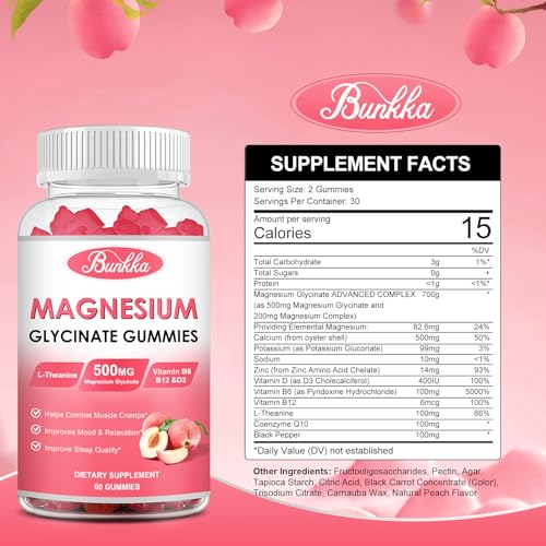 (2 Pack) Magnesium Glycinate Gummies-Magnesium Glycinate 500mg, Magnesium Complex Supplement with Potassium, VitaminD, B6 for Calm, Sleep&Stress Relief-Sugar Free, 120 Peach Magnesium Gummies