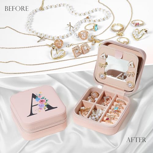 Sepaumo Initial Travel Jewelry Case, Small Travel Jewelry Organizer Box for Women Girls, Personalized Graduation Birthday Gifts for Her Mom Kids Necklace Earring Ring Organizer (V, pink)