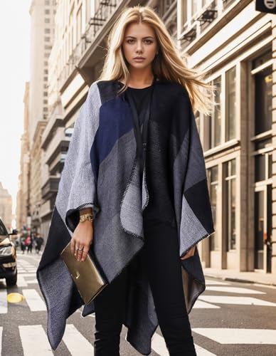 PAMEILA Women's Travel Plaid Shawl Wraps Open Front Poncho Cape Warm Oversized Sweaters Casual Cardigan Shawls for Fall Winter,Series 04-Houndstooth