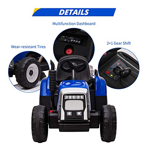Nasitip 12V Kids Battery Powered Electric Tractor with Trailer, Toddler Ride On Car w/Remote Control/ 7-LED Headlights/ 2+1 Gear Shift/ MP3 Player/USB Port for Kids 3-6 Years (Blue, 25W/ Tread Tire)
