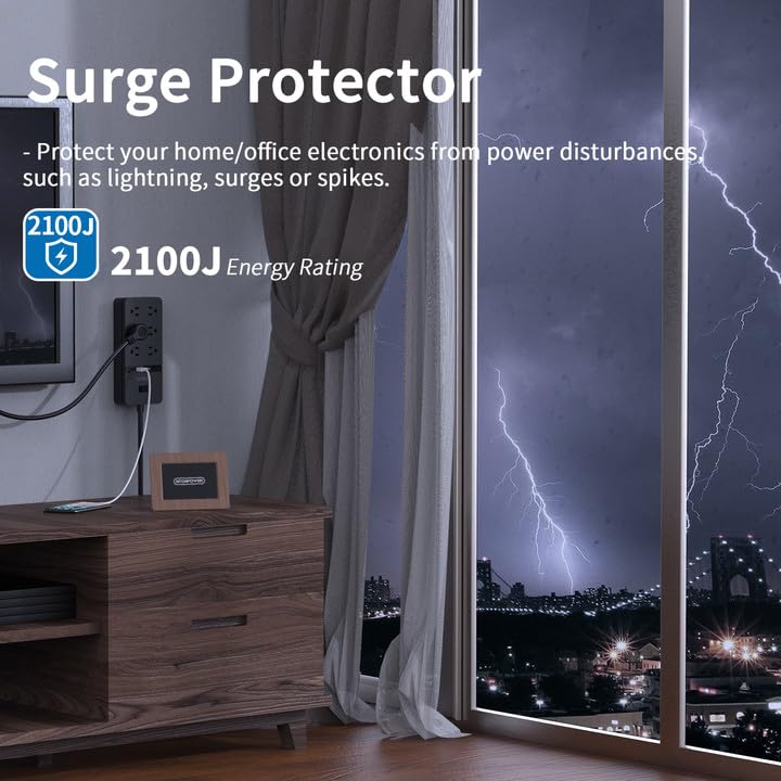 2 Prong Surge Protector Power Strip with 10ft Extension Cord, NTONPOWER 2 Prong to 3 Prong Outlet Adapter with 6 Outlets 2 USB Ports, 2100J Surge Protector Wall Mount for Old House Non-Grounded Outlet