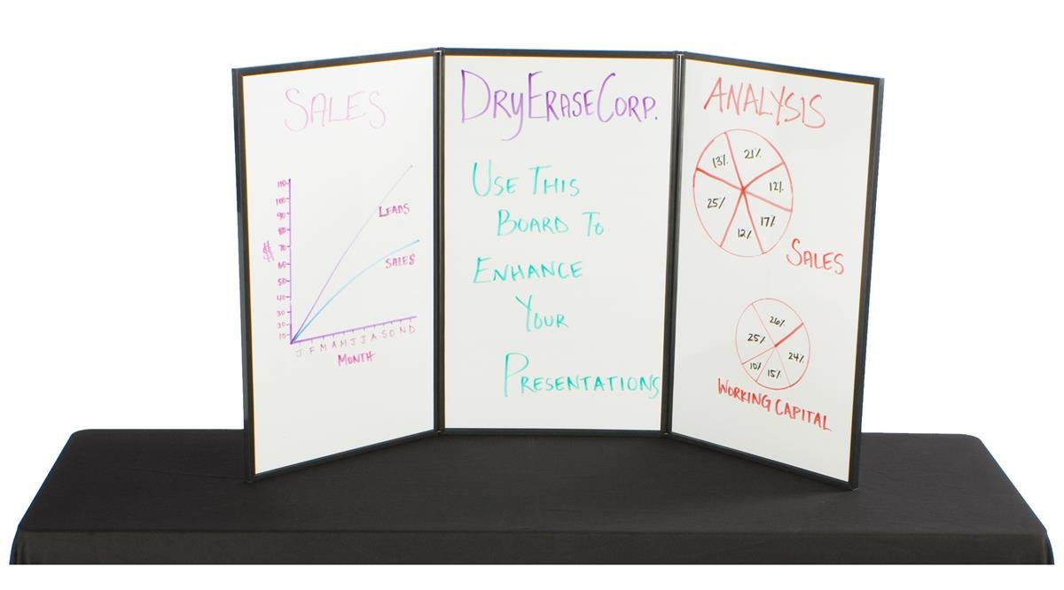 3-Panel Table Presentation Board, 54 x 30 - Blue Hook & Loop Fabric and White, Dry-Erase Write-on Panels