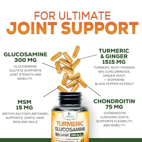 Turmeric Curcumin Supplement 2000mg with Glucosamine Chondroitin & Ginger, 95% Curcuminoids, BioPerine Black Pepper for Best Absorption, Nature's Joint Support, Non-GMO, Bottled in USA - 60 Capsules