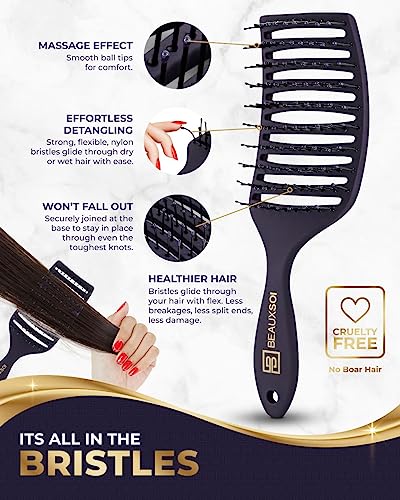 BEAUXSOI Vented Hair Brush Detangler | Hair Detangling Shower Brush | Curved Vent Brush for Blow Drying| Wide Frame Detangling Brush for Thick Coiley or Straight Hair (Empowered Purple)