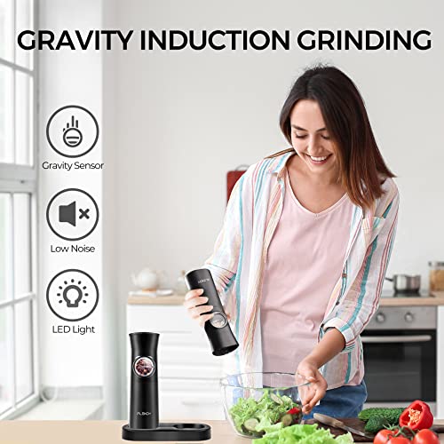 Flendy Gravity Electric Salt and Pepper Grinder Set Rechargeable, Automatic Salt and Pepper Grinder Set with USB C Charging Base, Gravity Salt and Pepper Shakers Set Electric