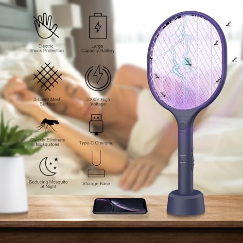 Electric Fly Swatter 2 Pack, 3000V Bug Zapper Racket Fly Zapper with 1500mAh Rechargeable Battery, Indoor Outdoor Fly Trap Mosquito Killer with 3-Layer Safety Mesh for Home, Kitchen, Patio, Camping