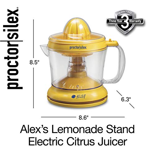 Proctor Silex Alex's Lemonade Stand Electric Citrus Juicer Machine and Squeezer, for Lemons, Limes and Oranges, 34 oz, Includes 2 Reamers & Recipe Book, Yellow, Discontinued