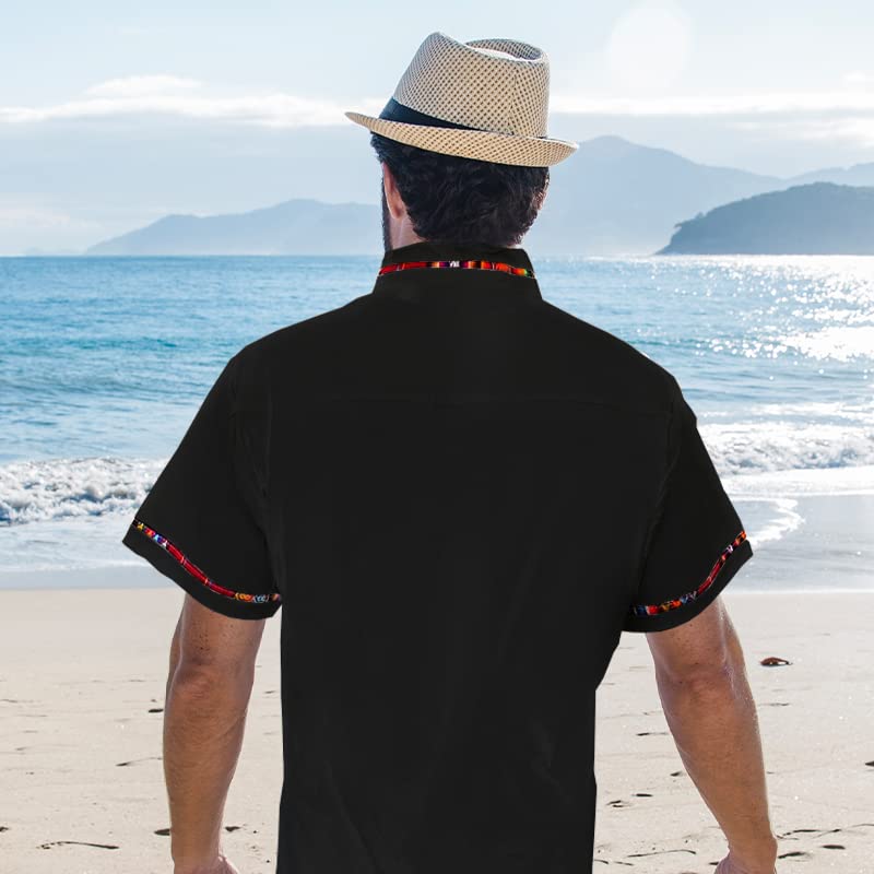 POFF Men's Mexican Guayabera Shirt - 100% Cotton, Colorful Embroidery, Short Sleeve, Regular Fit, Black