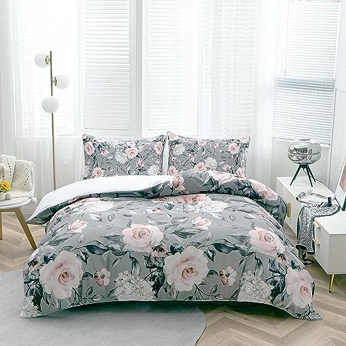 TOPTREE Rose Floral Duvet Cover Full - Aesthetic Garden Pink Floral Bedding Set Modern Trendy Flower Bed Set with Botanical Leaf for Women Aldult(Grey, Full)