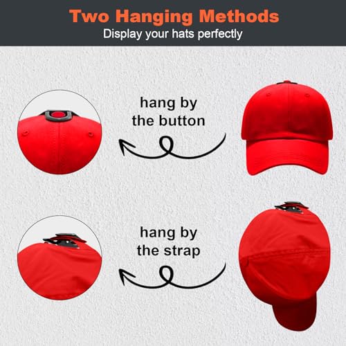 KOVSPO Adhesive Hat Hooks for Wall (16-Pack), Hat Rack for Baseball Caps, Strong Hat Organizer, Minimalist Hat Display, Hat Hangers for Wall (Black)