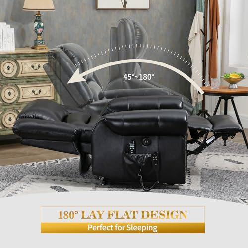 Trustyue Dual Motor Lift Chairs Recliners for Elderly, Lay Flat Electric Lift Chair with Massage and Heat, Infinite Position, Standing Assistance, USB Ports, Genuine Leather, Black