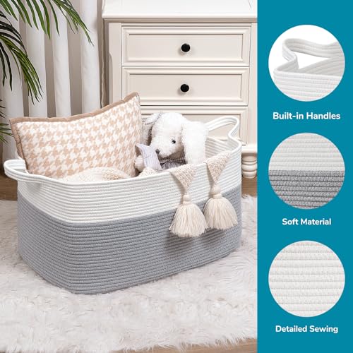 Goodpick Toy Basket, Large Basket Blanket Storage for Living Room, Baskets for Gifts Empty, Nursery Laundry Basket for Dirty Clothes Pillows Towel, 21.6" x 14.9" x 11.8", White & Grey