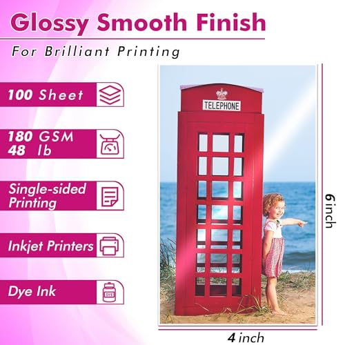 Koala Glossy Inkjet Photo Paper 4X6 Inches 48lb 100 Sheets Professional Glossy Photographic Paper Compatible with Inkjet Printer Use DYE INK 180GSM