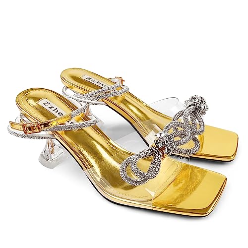 Zzheels Women's Double Bowknots Clear Pearl Heels Square Toe Lace up Sandals for Party Wedding Pearl US6.5