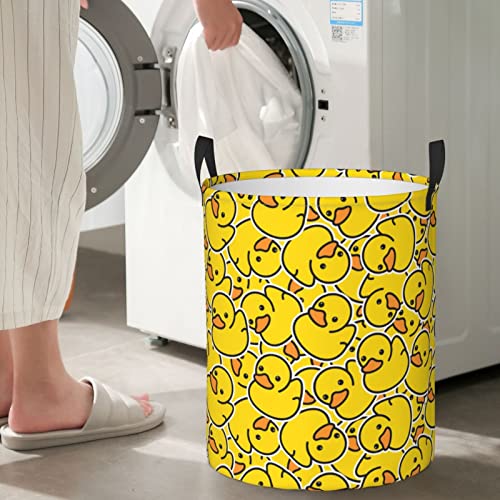 Gbuzozie 38L Round Laundry Hamper Cute Rubber Ducky Storage Basket Waterproof Coating Yellow Cartoon Ducks Organizer Bin For Nursery Clothes Toys