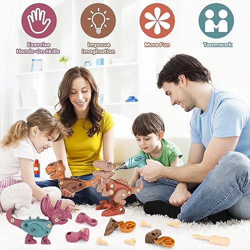 Laradola Dinosaur Toys for 4 5 6 7 8 Year Old Boys, Take Apart Dinosaur Toys for Kids 3-5 5-7 STEM Construction Building Kids Toys with Electric Drill, Party Birthday Gifts (Blush Pink)
