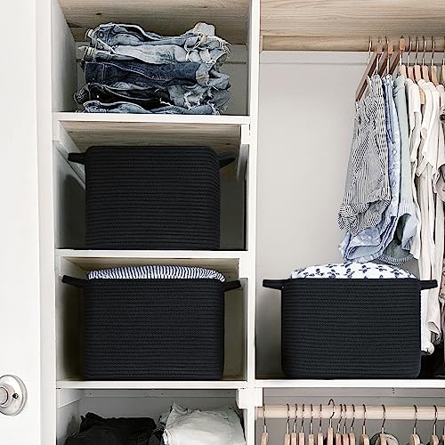INDRESSME Black Shoe Basket for Entryway, Rope Basket for Clothes, Towels, Small Laundry Basket, Shelf Basket for Bathroom, 13 x 10 x 9 inches