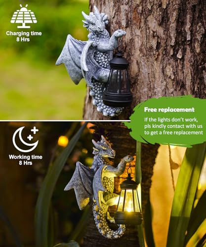 Fashionoda Dragon Tree Hugger with Solar Lantern - 9.3 Inch Resin Dragon Statue for Outside Garden Yard Decor,Unique Outdoor Dragon Gifts & Birthday Gifts for Mom Women Grandma