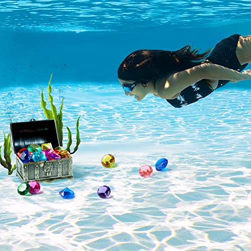 Sloosh Diving Gems Pool Toys, 16 Big Colorful Diamond with Pirate Treasure Chest, Swim Dive Toy for Kids Underwater Gemstone Swimming Training Gift Water Toys Pool Games(Gold)