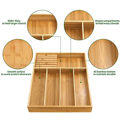 VaeFae Bamboo Silverware Organizer, Utensil Holder for Drawer, Wooden Cutlery Tray with Divider for Kitchen Drawer, Utensil Organizer with Knife Block(Black)