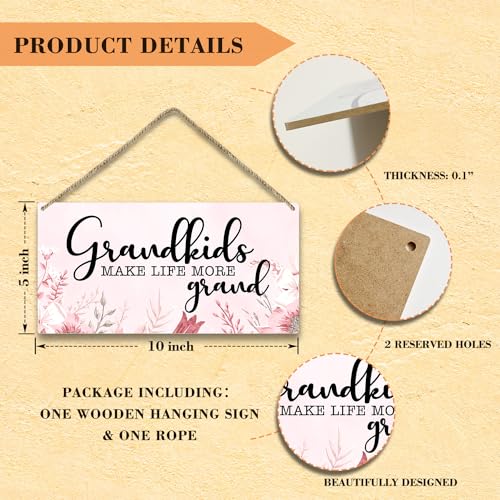Grandkids Make Life More Grand Door Wood Sign Plaque Gift for Grandma, Wooden Wall Hanging Sign with Twine, Shelf Wood Floral Art Sign, Living Room Home Bedroom Kitchen Decoration Supplies -019