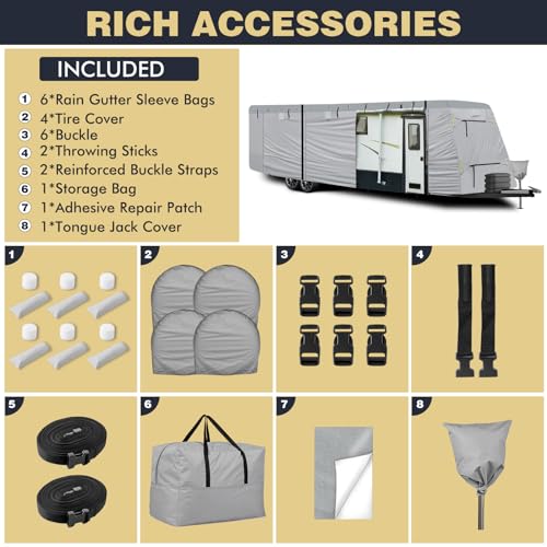 GOTRUTH Upgraded Travel Trailer Cover, Extra-Thick 800D Top Waterproof RV Cover Fits 26'1''- 28'6'', Windproof Camper Cover with Tongue Jack Cover, Tire Covers, Gutter Covers, Zippered Doors