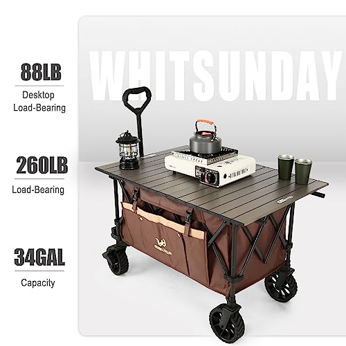 Whitsunday Folding Collapsible Wagon,Camping Large Capacity Heavy Duty Wagon Outdoor Park Beach Wagon Cart with Table Top,Utility Grocery Wagon for Camping Sports Outdoor Shopping Brown