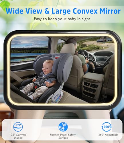 LJGVDXT Baby Car Mirror with Light Baby Mirror for Car Seat Rear Facing Hook Clip Design,360° Adjustable Car Seat Mirror for Baby Rear Facing Crystal Clear View, Shatterproof with Remote
