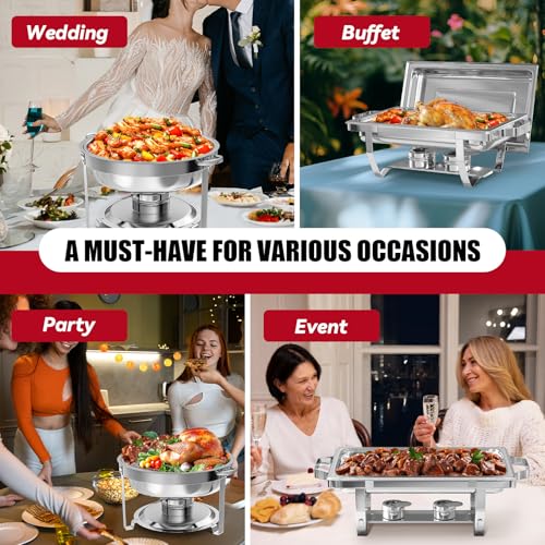 IMACONE Chafing Dish Buffet Set 2 Pack, 8 QT Rectangle & 5QT Round Stainless Steel Chafer for Catering, Chafers and Buffet Warmer Sets w/Food & Water Pan, Lid, Fuel Holder for Event Party Holiday