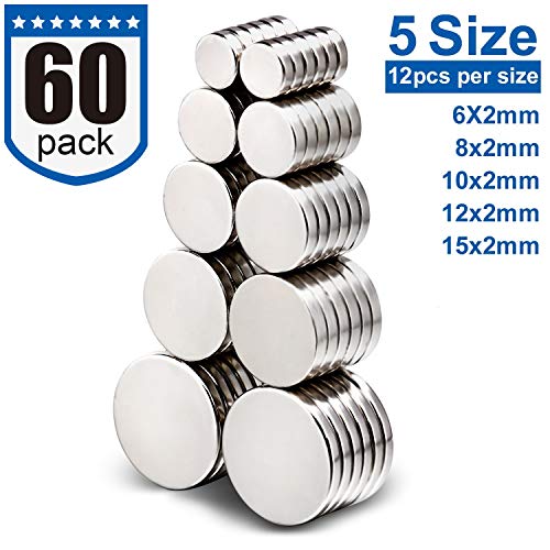 DIYMAG Magnets 60Pcs, 5 Different Size Small Refrigerator Magnets, Mini Round Disc Fridge Magnets for Crafts, and Office Magnets, Whiteboard Magnets, Map Magnets, Push Pin Magnets