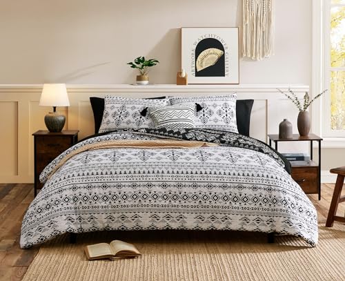 Geniospin Twin Comforter Set - 5 Pieces Comforters Twin Size, Fluffy Boho Bedding Sets for All Seasons, Bed in a Bag with Flat Sheet and Fitted Sheet, Pillowcase & Sham (Black and White, 66''x86'')