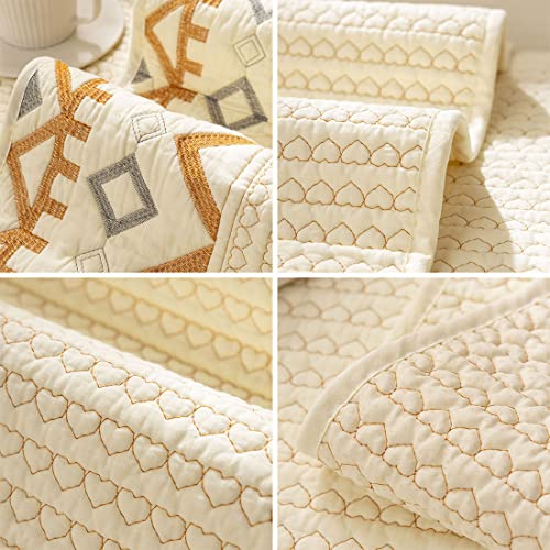 XSlive Farmhouse Embroidery Couch Sofa Cover Geometric Pattern Cotton Quilted Sectional Couch Cover Anti-Slip Soft Furniture Protector Sofa Slipcover for Living Room (Ivory,36"x94")