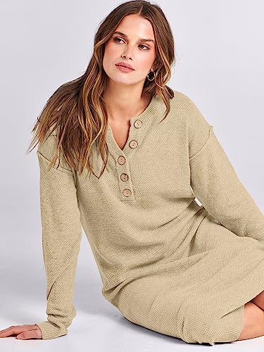 ANRABESS Women Long Sleeve Button V Neck Oversized Casual Loose Fit Waffle Knit Fall Midi Sweater Dress 2024 Trendy Outfits Green Large