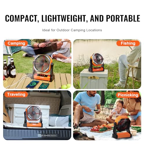 VEVOR 20,000mAh Camping Fan, 8 Inch Battery Operated Fan with LED Lantern, Rechargeable Fan Portable with 4 Speeds, 270°Head Rotation, Outdoor Tent Fan with Hook for Picnic, Barbecue, Fishing, Travel