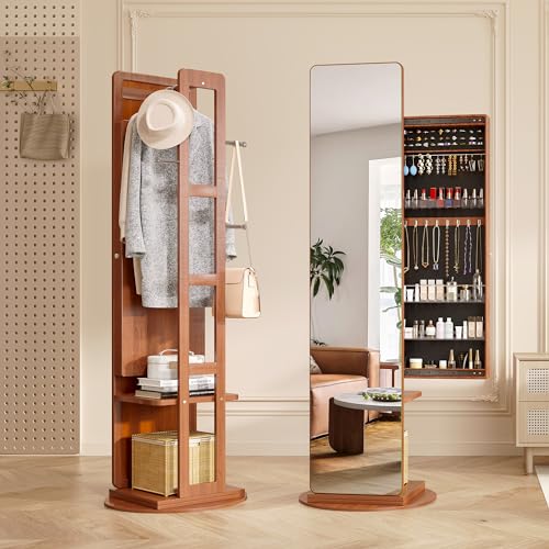 LVSOMT 360° Swivel Jewelry Armoire, Rotatable Full Length Mirror with Jewelry Storage, Standing Jewelry Cabinet with Coat Rack, White, Soild Wood