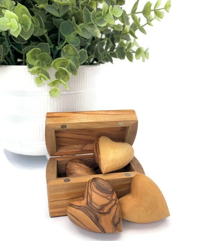 Handmade Wooden Hearts, Set of Five Olive Wood Carved Hearts from the Holy Land, Carved Wood Hearts for gifts Anniversary Valentine Gift, Loss Love, Wooden Hearts for Wedding, Wood Heart Décor