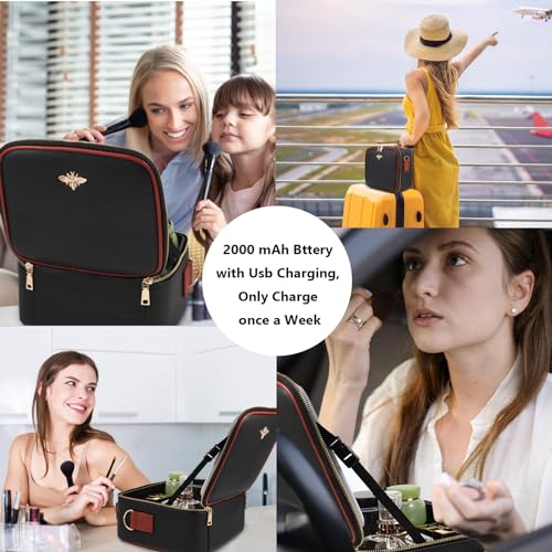 GERYUAEG Travel Makeup Bag with Mirror of LED Lighted, Rechargeable Cosmetic Train Case Artist Makeup Organizer for Women with Adjustable Dividers, Makeup Brushes Holder and Strap (Black)