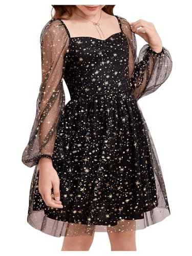 WDIRARA Girl's Polka Dots Mesh Puff Long Sleeve Ruffle Hem A Line Dress Black Star 8Y