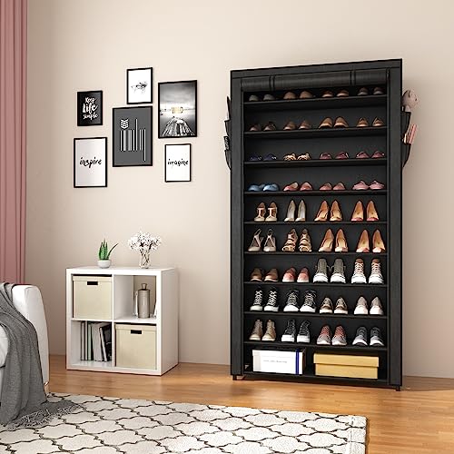 ROJASOP 10 Tier Shoe Rack with Covers,Large Capacity Stackable Tall Shoe Shelf Storage to 50-55 Pairs Shoes and Boots Sturdy Metal Free Standing Shoe Rack Organizer for Closet Entryway Garage