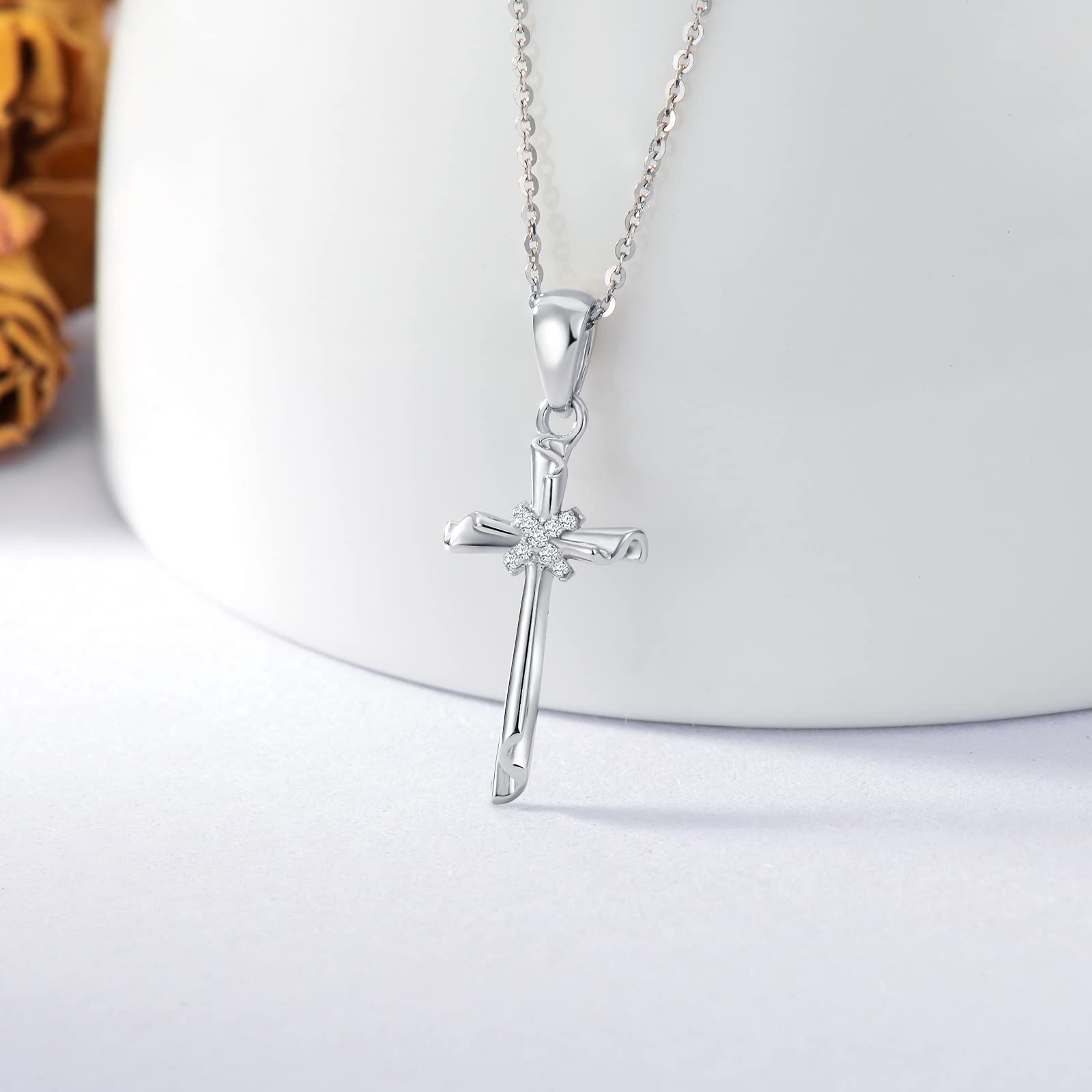 SISGEM 10K Real Gold Cross Necklace for Women, White Gold Cubic Zirconia Cross Pendant Necklace Cross Jewerly Gifts for Birthday Christmas 16+1+1 inch (10K-White)