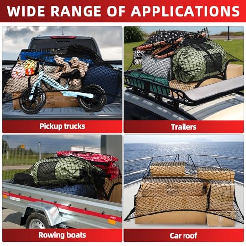 Cargo Net for Pickup Truck Bed,Truck Bed Net,Stretchable Mesh Organizer for Pickup Trunk Bed,Truck Cargo Net with 4 Pcs Metal Carabiner Clips and 4 Hooks,Suitable for Daily Light Loads of Trucks SUV