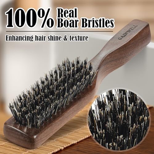 Mens Wild Boar Bristle Hair Brush for Men - Slick Back Hair Brush - Stiff Bristles for Thick Hair, Natural Black Walnut Wooden Handle Hairbrush, Beard Mustache Brush Comb by GAINWELL, Gift for Men