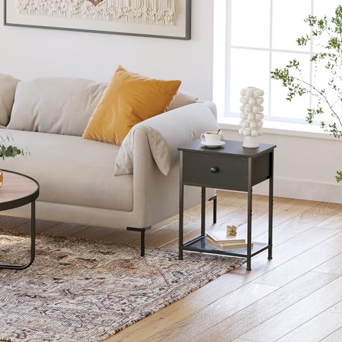 AMHANCIBLE Night Stand Set 2, Black Nightstand with Fabric Drawer, Industrial End Tables Living Room with Storage Shelf, Slim Bedside Table for Bedroom, Small Spaces, HET03SDBK