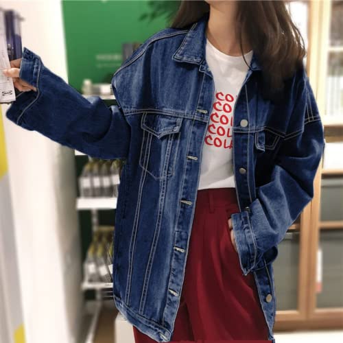 Gozoloma Women's Casual Loose Oversized Denim Jacket Button Up Long-Sleeved Jean Jacket Coat (0011-DarkBlue-XS)