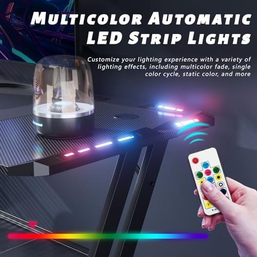 HLDIRECT 47 Inch Gaming Desk with LED Lights Carbon Fibre Surface Gaming Table Large Computer Desk Ergonomic Home Office Desks Z Shaped PC Gamer Workstations with Cup Holder & Headphone Hook