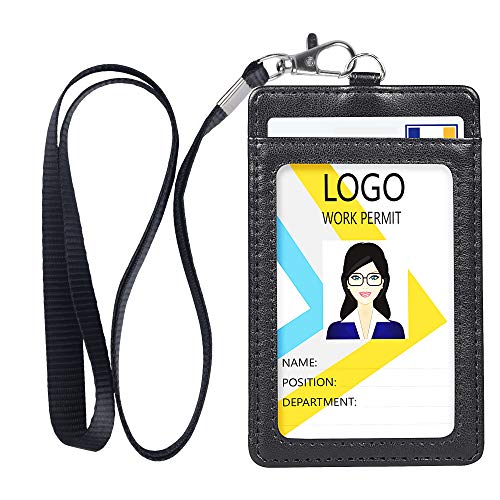 Teskyer Badge Holder with Lanyard, Leather ID Name Badge Card Holder with Lanyard for ID Badges, Vertical, Lychee Pattern Coffee