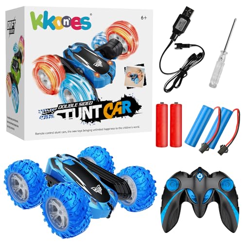 KKONES Remote Control car,2.4GHz Electric Race Stunt Car,Double Sided 360° Rolling Rotating Rotation, LED Headlights RC 4WD High Speed Off Road for 3 4 5 6 7 8-12 Year Old Boy Toys (Blue)