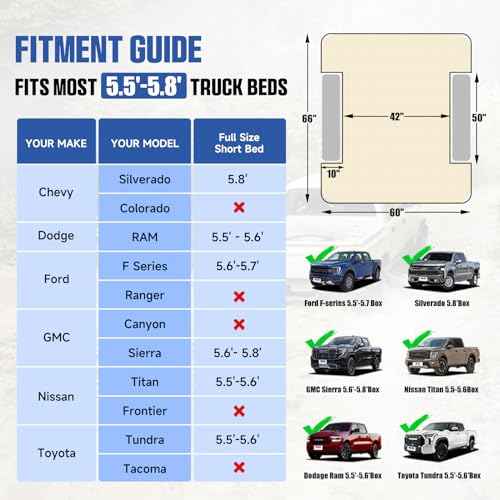 Uncle elk Truck Bed Air Mattress, Full Size Truck Beds, Inflatable Air Mattress Bed with Air Pump 2 Pillows, Carry Bag, Pickup Bed Air Mattress for Chevrolet Silverado, Dodge Ram, Ford, Black
